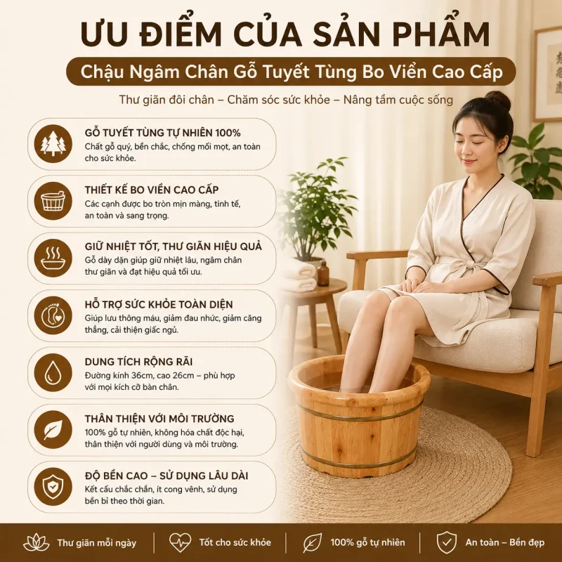 Chậu Ngâm Chân Gỗ Tuyết Tùng Bo Viền Cao Cấp – Thư Giãn, Giữ Nhiệt Tốt
