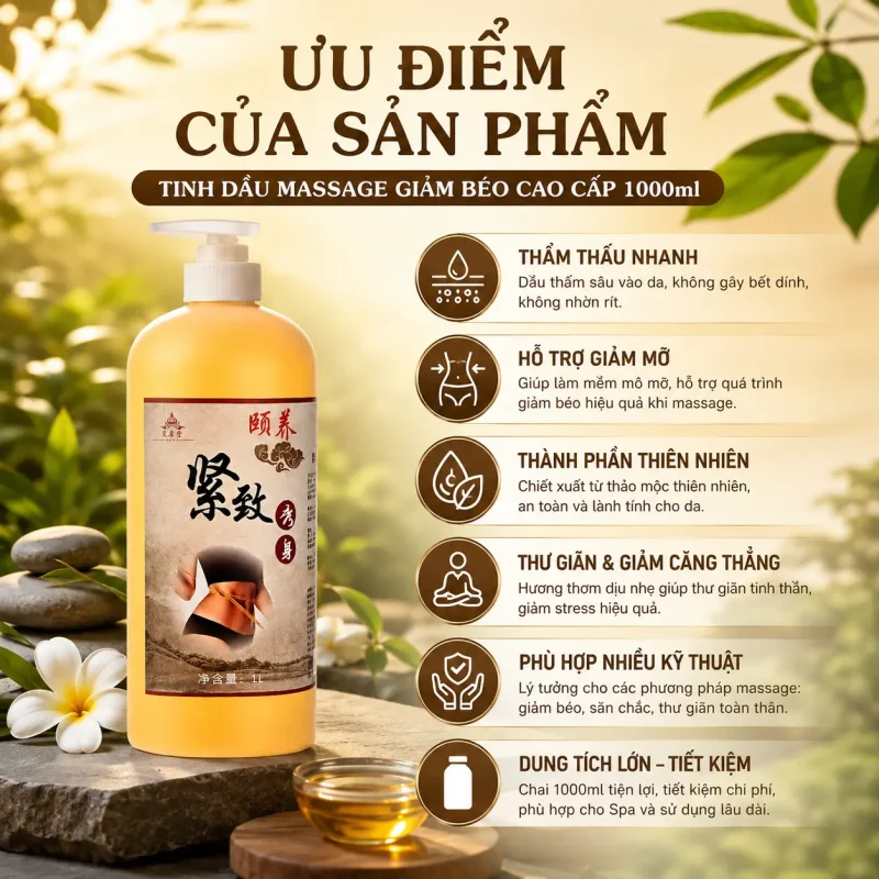 Tinh Dầu Massage Giảm Béo Cao Cấp 1000ml – Hỗ Trợ Làm Săn Chắc Eo, Thon Gọn Chân Tay, Massage Toàn Thân