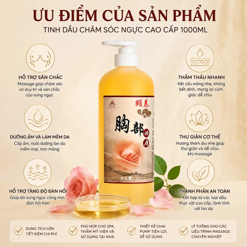 Tinh Dầu Chăm Sóc Ngực Cao Cấp 1000ml – Hỗ Trợ Massage Săn Chắc, Dưỡng Ẩm Và Chăm Sóc Vùng Ngực
