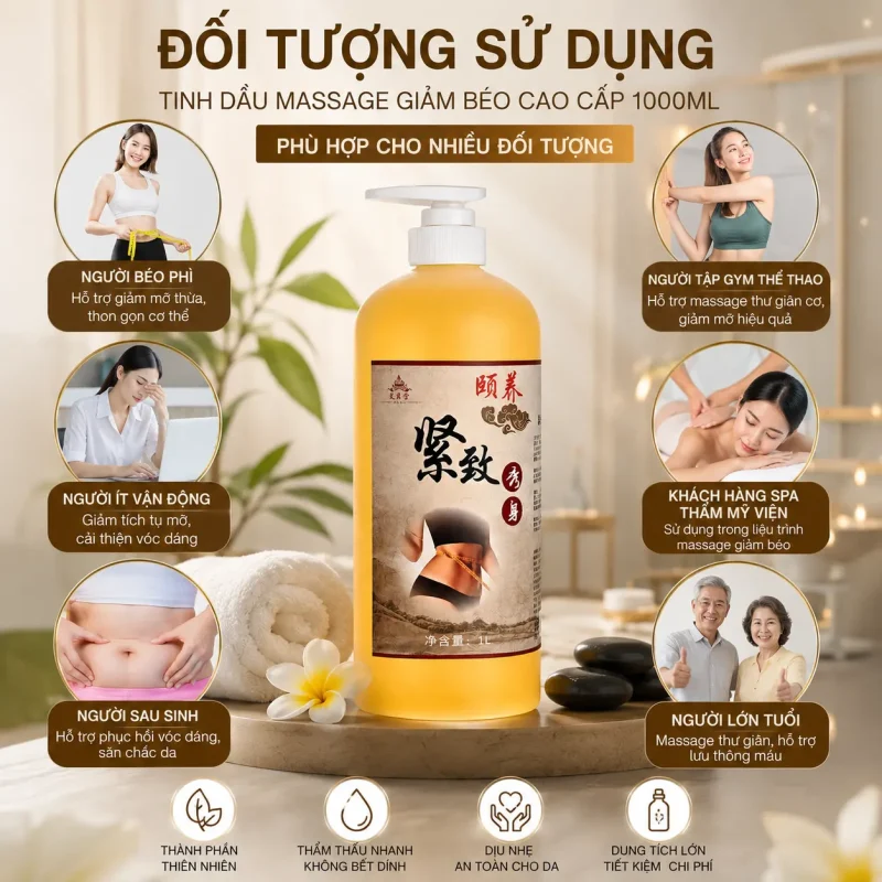Tinh Dầu Massage Giảm Béo Cao Cấp 1000ml – Hỗ Trợ Làm Săn Chắc Eo, Thon Gọn Chân Tay, Massage Toàn Thân