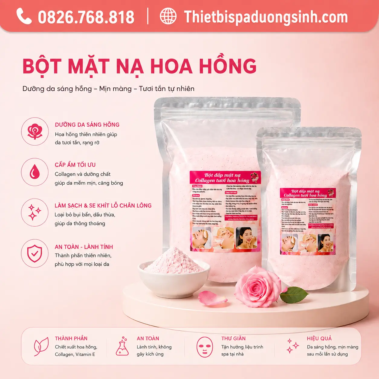 1 Bột Dẻo Mặt Nạ Hoa Hồng Collagen Cánh Hoa Hồng 1000g – Mặt Nạ Đắp Mặt Dưỡng Da Mềm Mịn Cho Spa