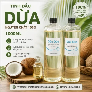 TINH DẦU DỪA NGUYÊN CHẤT 100% CHAI 1000ML – DƯỠNG DA, CHĂM SÓC TÓC & MASSAGE