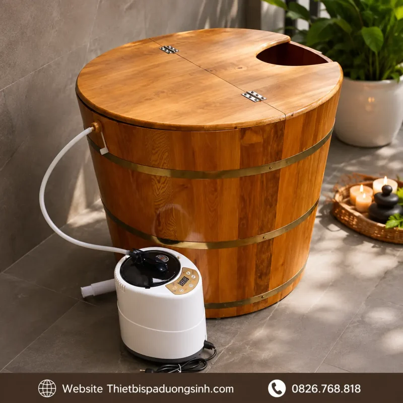 Thùng Xông Hơi Gỗ Pơ Mu – Bồn Tắm Tròn Gỗ Pơ Mu Cao Cấp, Kèm Máy Xông Hơi Mini