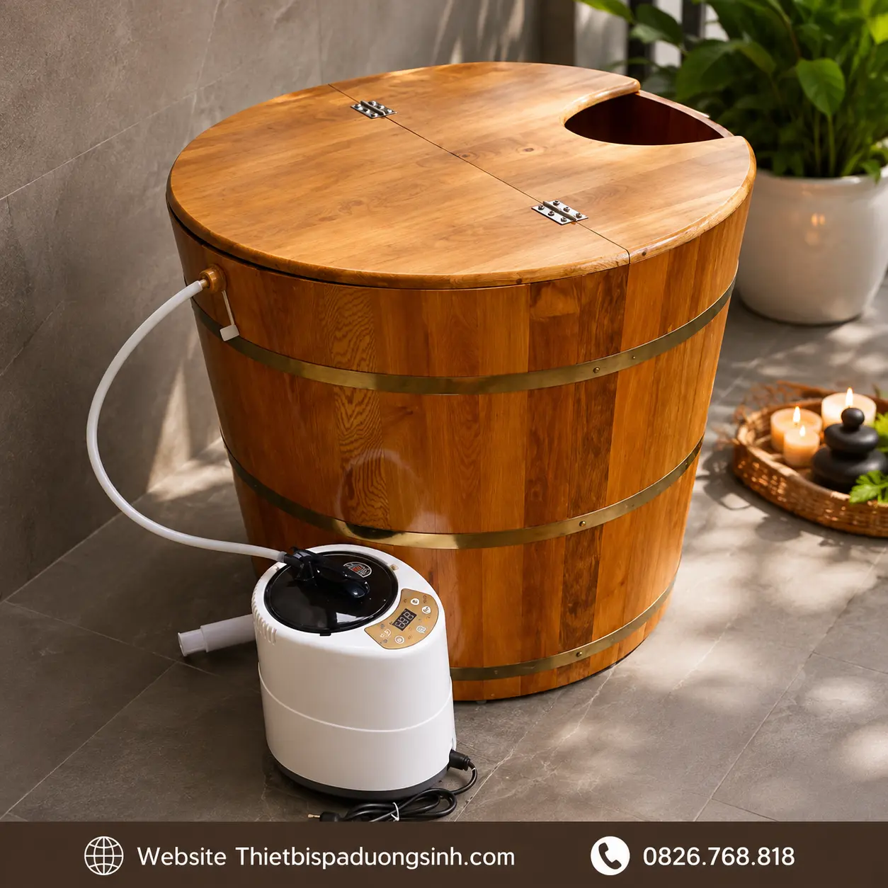 10 Thùng Xông Hơi Gỗ Pơ Mu – Bồn Tắm Tròn Gỗ Pơ Mu Cao Cấp, Kèm Máy Xông Hơi Mini