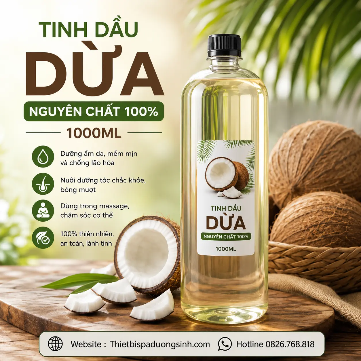 2 TINH DẦU DỪA NGUYÊN CHẤT 100% CHAI 1000ML – DƯỠNG DA, CHĂM SÓC TÓC & MASSAGE