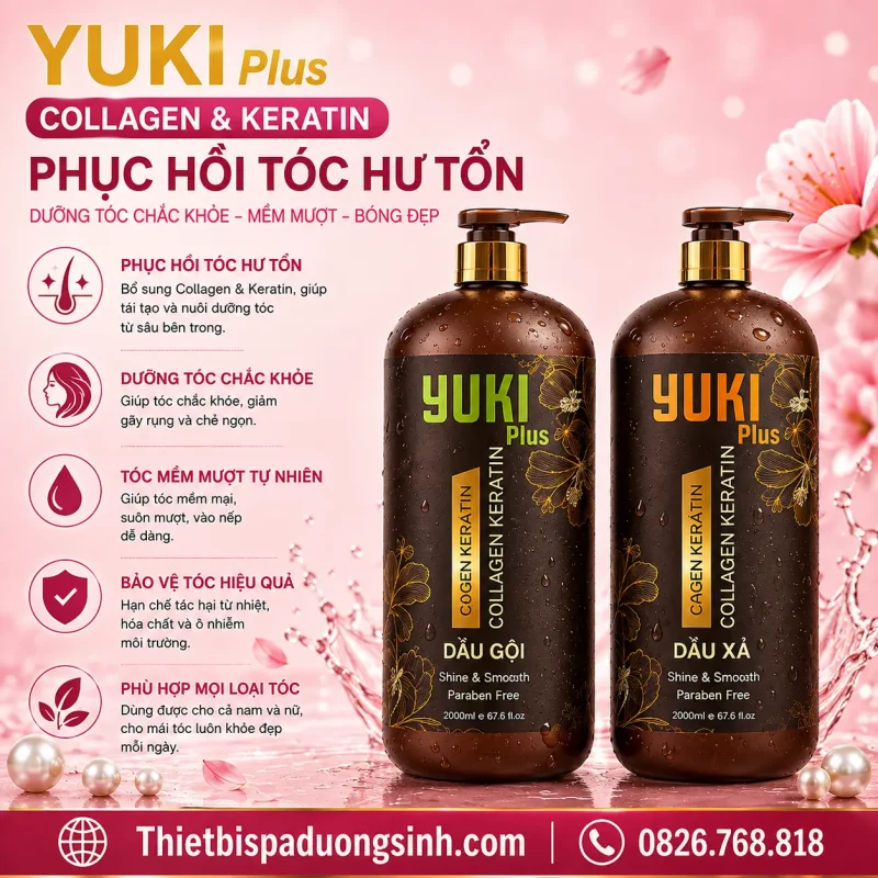 Dầu Gội Xả YUKI Plus Collagen & Keratin 2000ml– Chăm Sóc Tóc Mềm Mượt, Bóng Khỏe