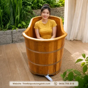Bồn Tắm Gỗ Pơ Mu Dáng Miệng Cong Bo Viền