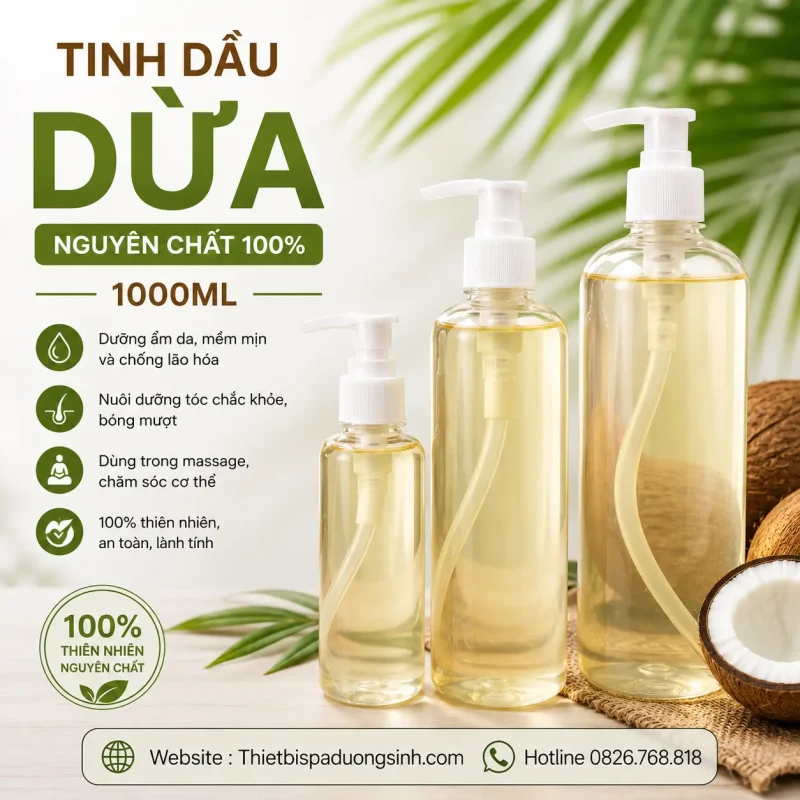 TINH DẦU DỪA NGUYÊN CHẤT 100% CHAI 1000ML – DƯỠNG DA, CHĂM SÓC TÓC & MASSAGE