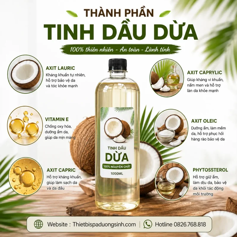 TINH DẦU DỪA NGUYÊN CHẤT 100% CHAI 1000ML – DƯỠNG DA, CHĂM SÓC TÓC & MASSAGE
