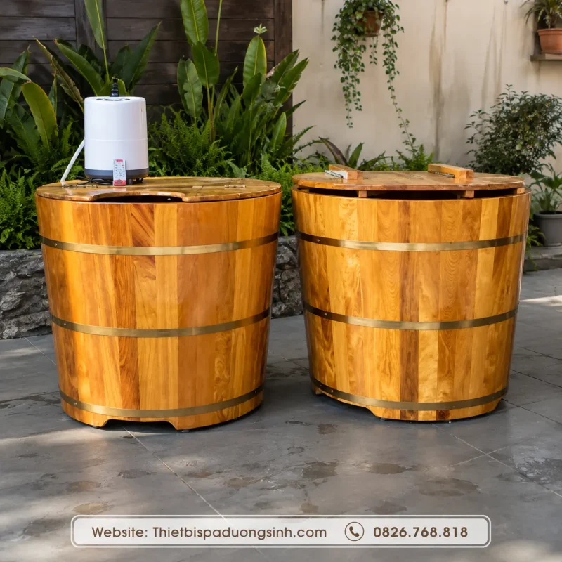Thùng Xông Hơi Gỗ Pơ Mu – Bồn Tắm Tròn Gỗ Pơ Mu Cao Cấp, Kèm Máy Xông Hơi Mini