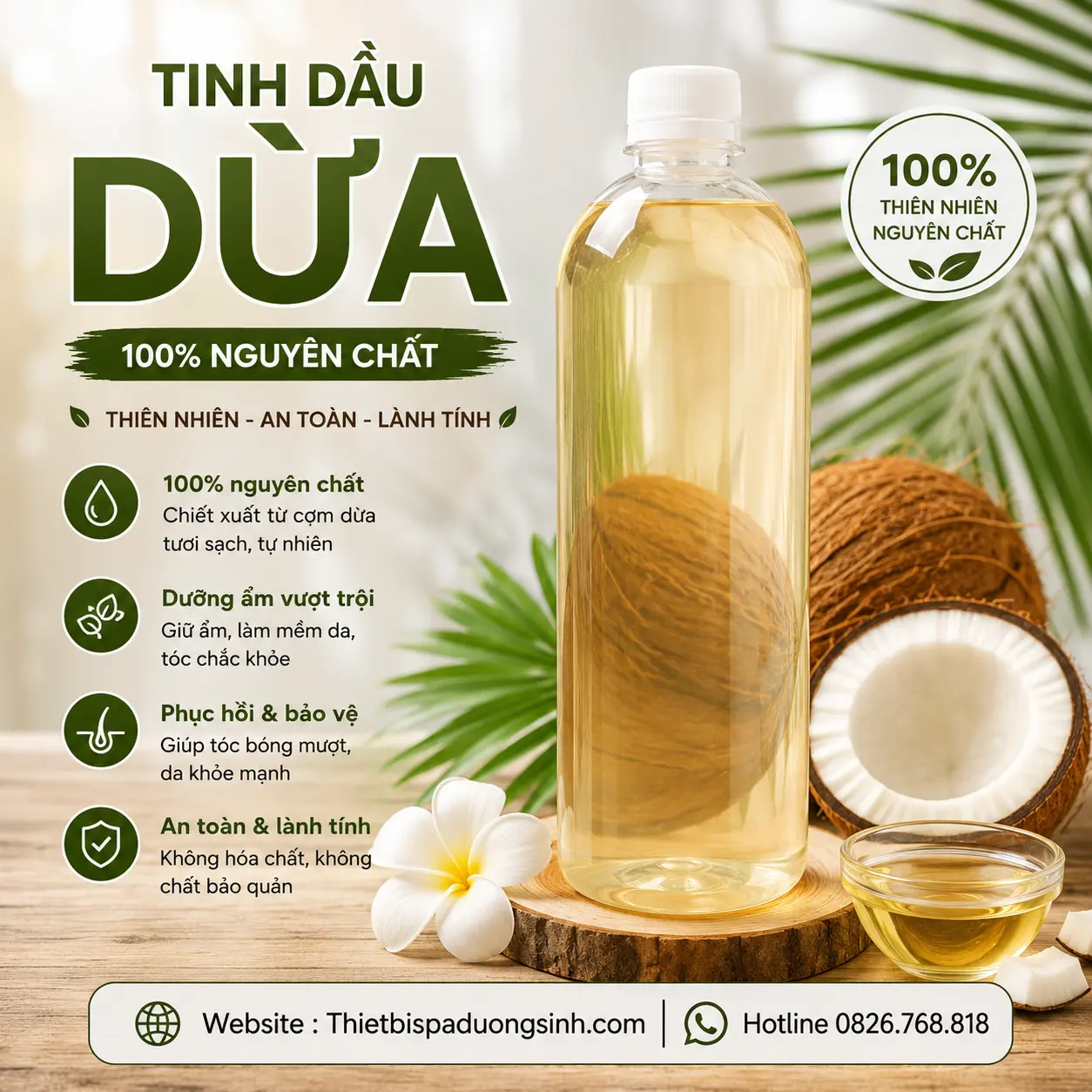 5 TINH DẦU DỪA NGUYÊN CHẤT 100% CHAI 1000ML – DƯỠNG DA, CHĂM SÓC TÓC & MASSAGE