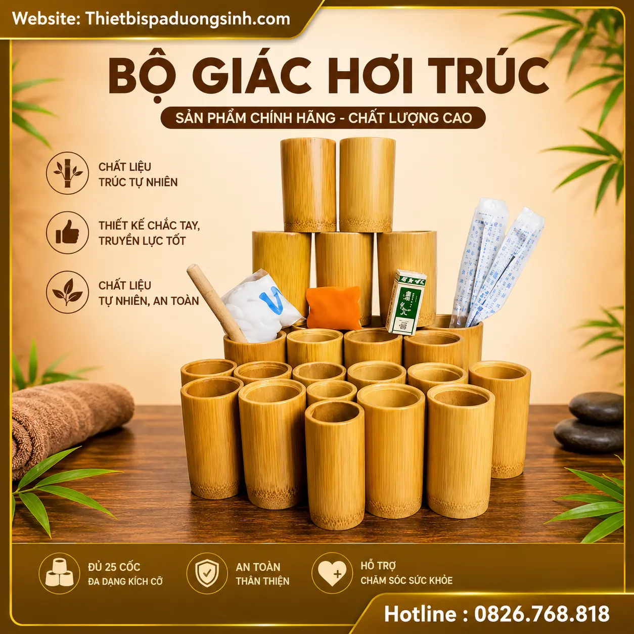 6 GIÁC HƠI TRÚC SIÊU BỀN ĐẸP – ỐNG GIÁC HƠI BẰNG TRÚC ĐỦ KÍCH CỠ – TẶNG KÈM DỤNG CỤ GIÁC