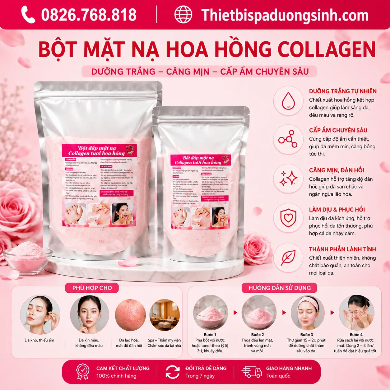 9 Bột Dẻo Mặt Nạ Hoa Hồng Collagen Cánh Hoa Hồng 1000g – Mặt Nạ Đắp Mặt Dưỡng Da Mềm Mịn Cho Spa